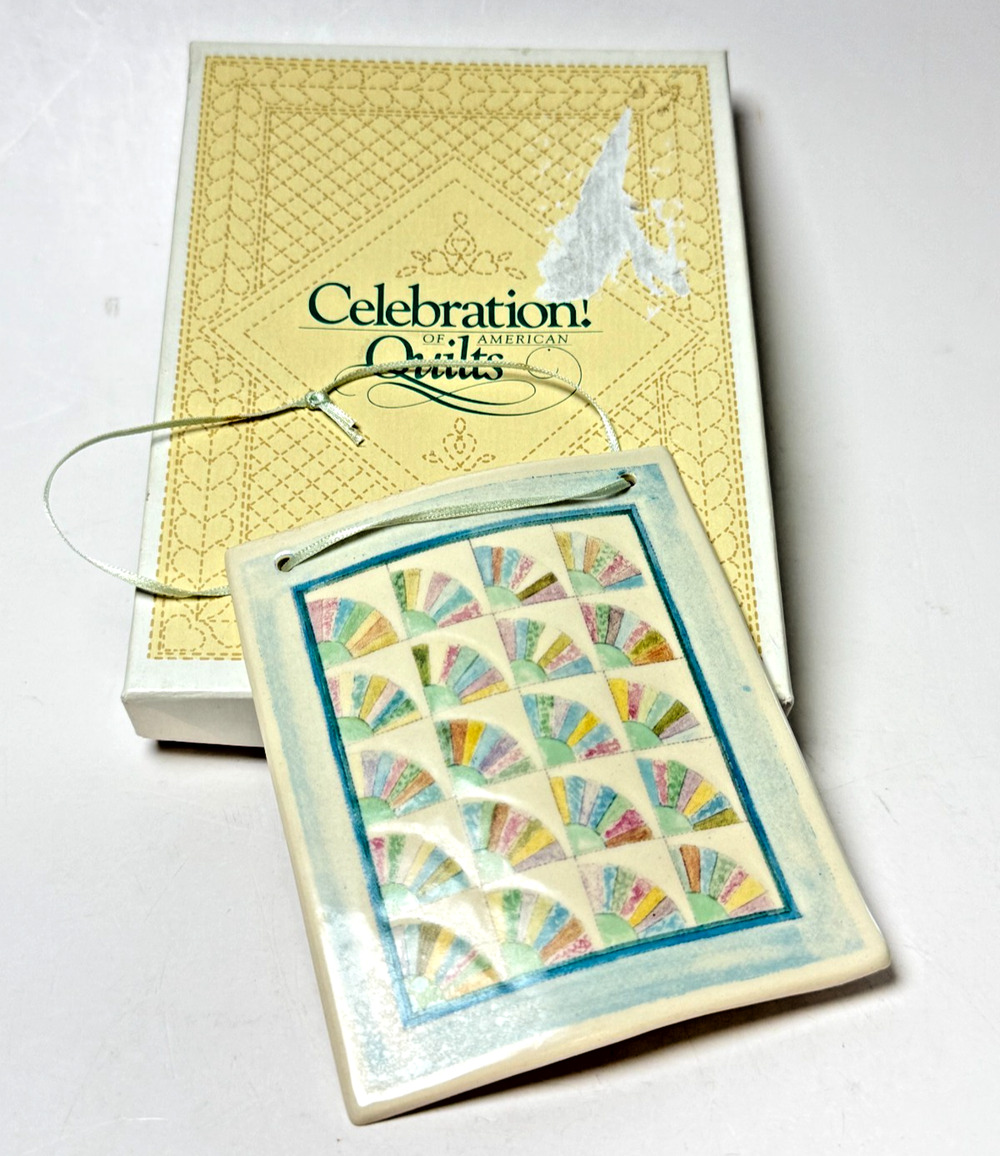 Celebration of American Quilts Ceramic Tile Ornament Grandmother’s Fan 1989 BOX
